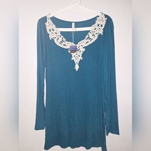NWT.  Pinkblush Teal Top with Cream Lace Accent